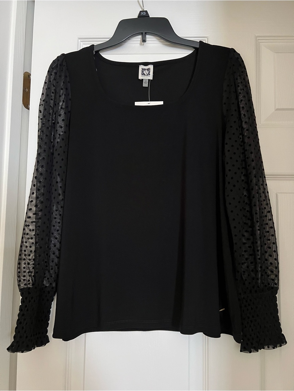 Anne Klein Black Scoop Neck Top with Swiss Dot Sheer Sleeves